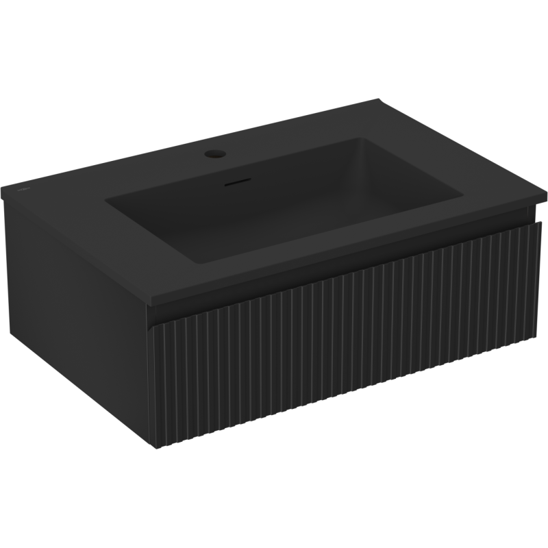 Mexen Rivel Badezimmerschrank 70 cm mit Waschbecken Otis, 1 Schublade, geriffelt, schwarz matt - 91A20-07023-1-BF71-W18M71