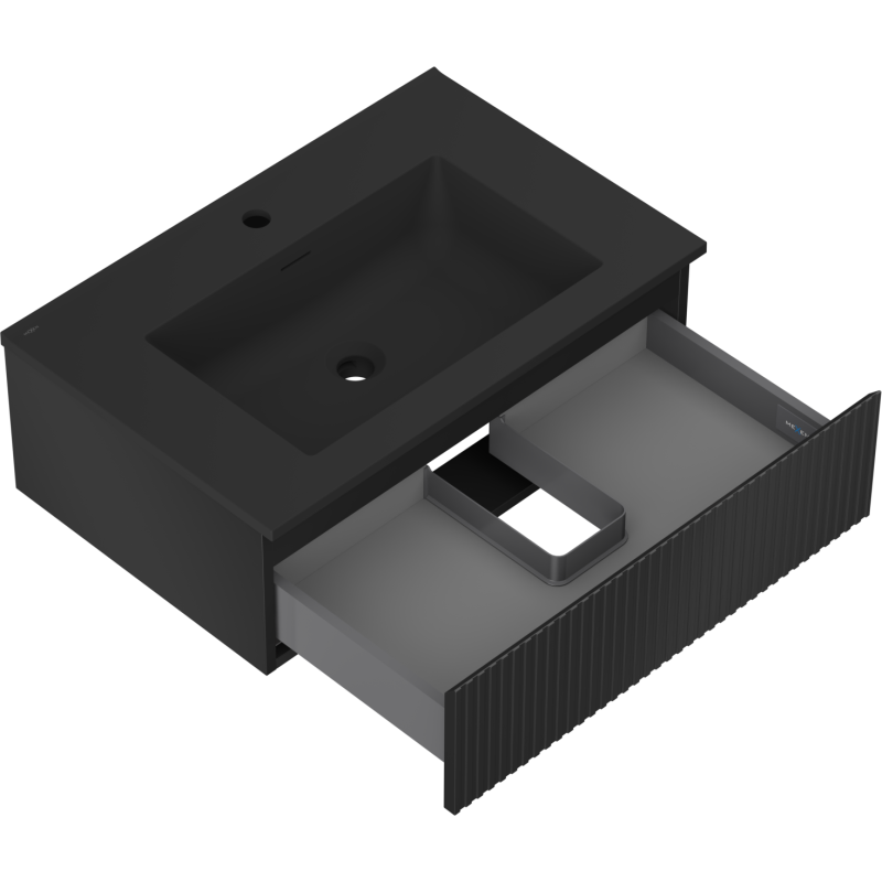 Mexen Rivel Badezimmerschrank 70 cm mit Waschbecken Otis, 1 Schublade, geriffelt, schwarz matt - 91A20-07023-1-BF71-W18M71