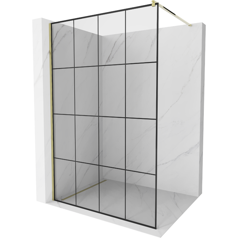 Mexen Kioto Duschwand Walk-in 130 x 200 cm, schwarzes Gitter 8 mm, gold - 800-130-101-50-77