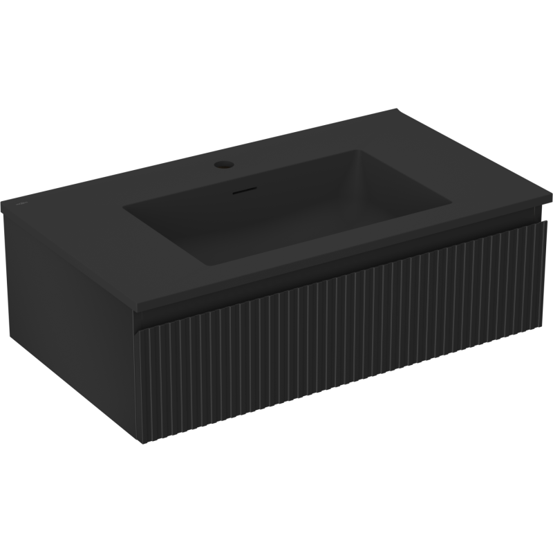 Mexen Rivel Badezimmerschrank 80 cm mit Waschbecken Otis, 1 Schublade, geriffelt, schwarzmatt - 91A20-08023-1-BF71-W18M71