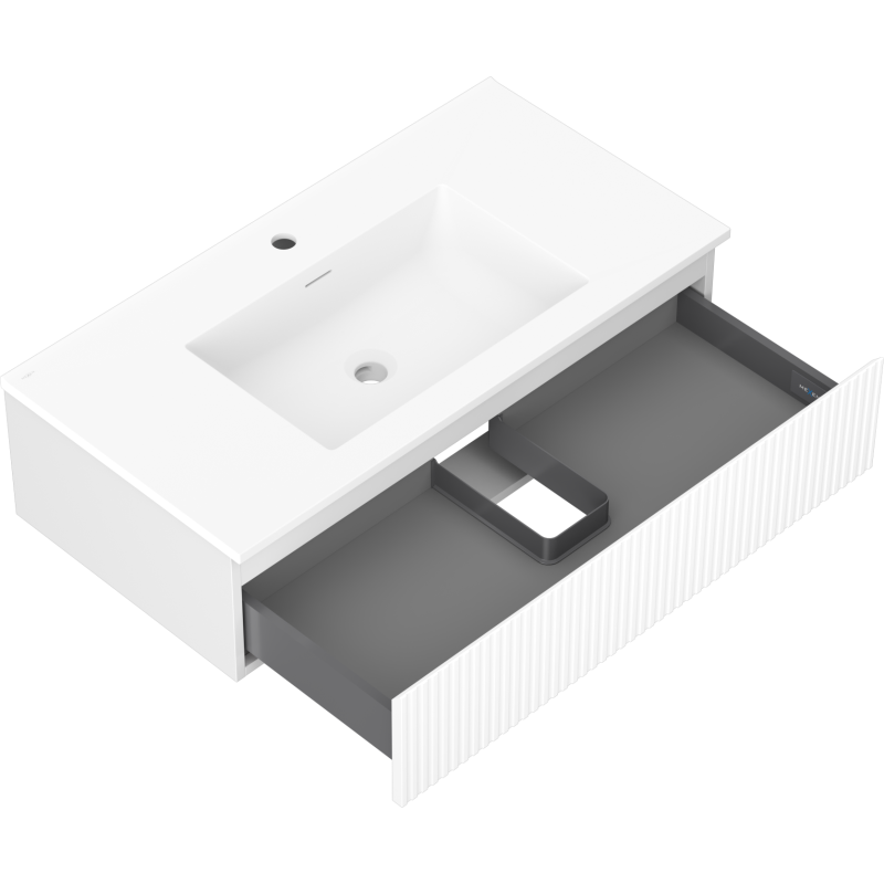 Mexen Rivel 90 cm Badezimmerschrank mit Waschbecken Otis, 1 Schublade, geriffelt, weiß matt - 91A20-09023-1-BF01-W18M01