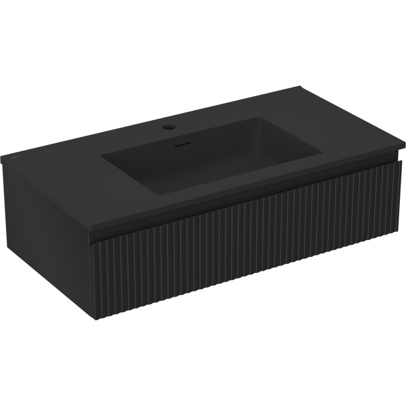 Mexen Rivel Badezimmerschrank 90 cm mit Waschbecken Otis, 1 Schublade, geriffelt, schwarz matt - 91A20-09023-1-BF71-W18M71