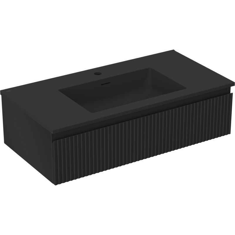 Mexen Rivel Badezimmerschrank 90 cm mit Waschbecken Otis, 1 Schublade, gerippt, schwarz matt - 91A20-09023-1-BF71-W18M71