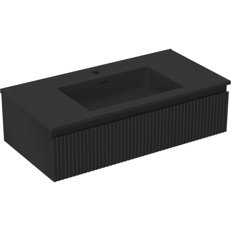 Mexen Rivel Badezimmerschrank 90 cm mit Waschbecken Otis, 1 Schublade, geriffelt, schwarz matt - 91A20-09023-1-BF71-W18M71