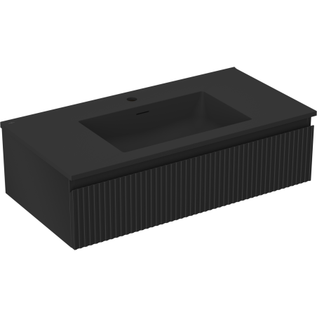 Mexen Rivel Badezimmerschrank 90 cm mit Waschbecken Otis, 1 Schublade, gerippt, schwarz matt - 91A20-09023-1-BF71-W18M71