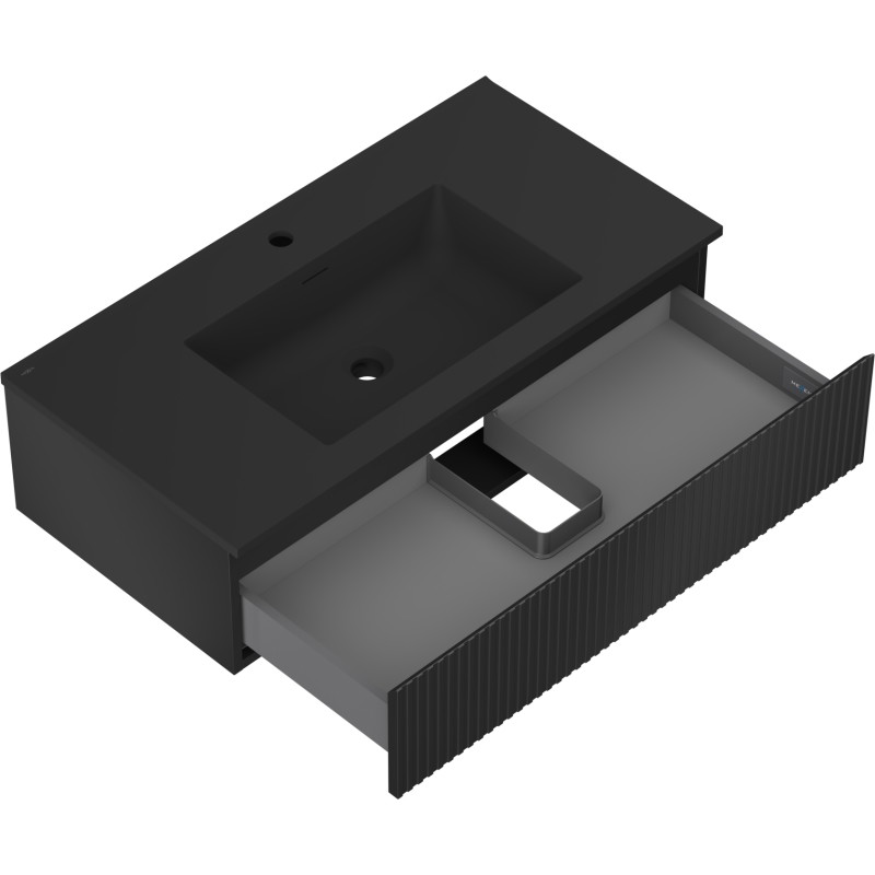 Mexen Rivel Badezimmerschrank 90 cm mit Waschbecken Otis, 1 Schublade, geriffelt, schwarz matt - 91A20-09023-1-BF71-W18M71