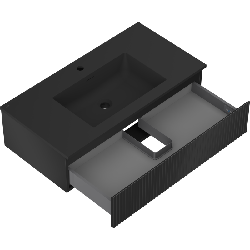 Mexen Rivel Badezimmerschrank 90 cm mit Waschbecken Otis, 1 Schublade, gerippt, schwarz matt - 91A20-09023-1-BF71-W18M71