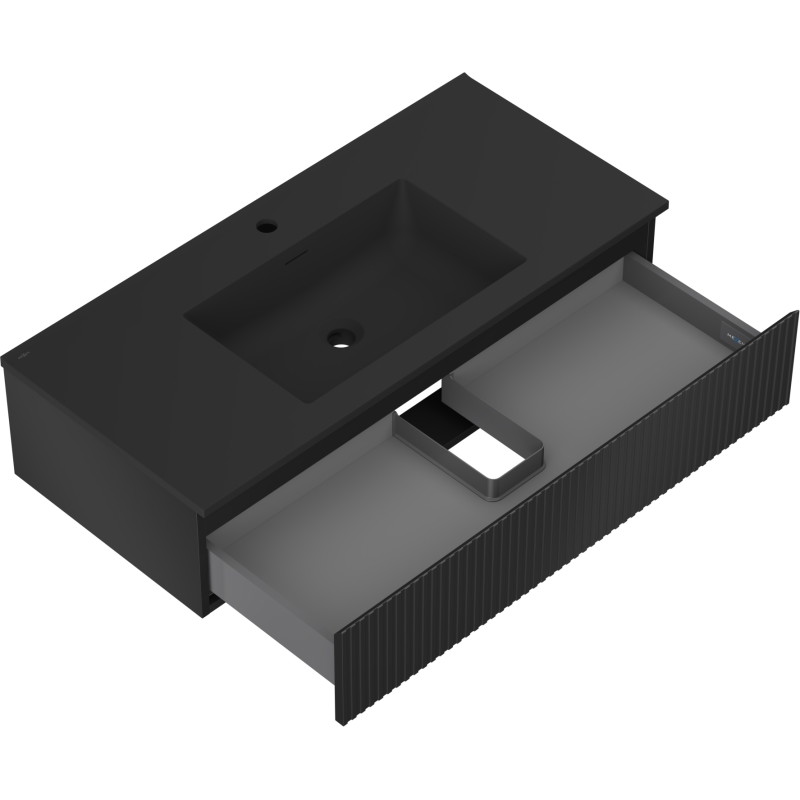 Mexen Rivel Badezimmerschrank 100 cm mit Waschbecken Otis, 1 Schublade, geriffelt, schwarz matt - 91A20-10023-1-BF71-W18M71