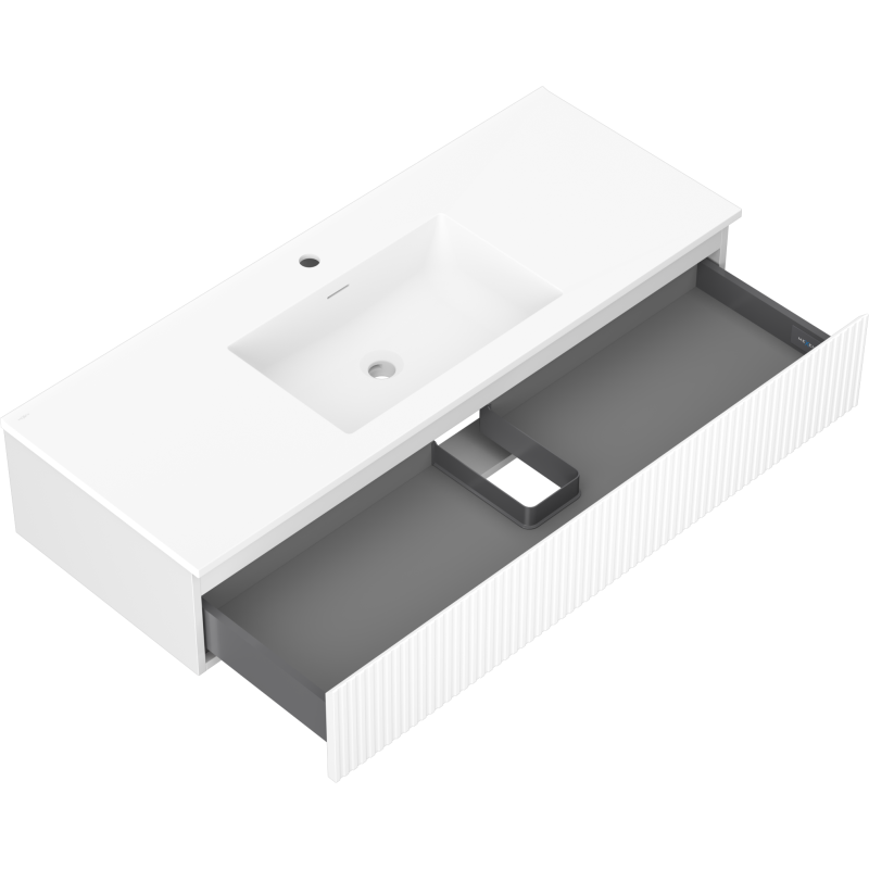 Mexen Rivel Badezimmerschrank 120 cm mit Waschbecken Otis, 1 Schublade, geriffelt, weiß matt - 91A20-12023-1-BF01-W18M01