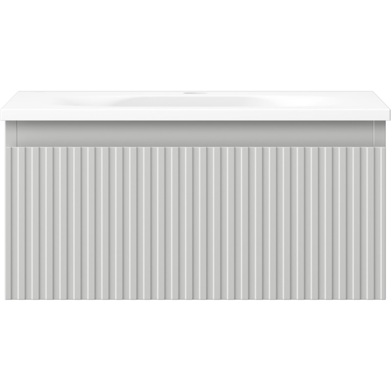 Mexen Rivel Badezimmerschrank 50 cm mit Waschbecken Vela, 1 Schublade, geriffelt, grau matt/weiß matt
