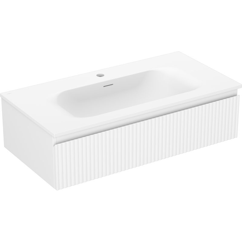 Mexen Rivel Badezimmerunterschrank 90 cm mit Waschbecken Vela, 1 Schublade, geriffelt, weiß matt - 91A20-09023-1-BF01-W23M01