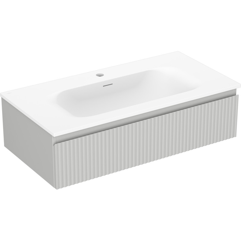 Mexen Rivel Badezimmerschrank 90 cm mit Waschbecken Vela, 1 Schublade, geriffelt, grau matt/weiß matt