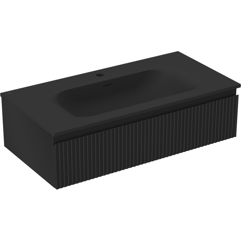 Mexen Rivel Badezimmerschrank 90 cm mit Waschbecken Vela, 1 Schublade, geriffelt, schwarz matt - 91A20-09023-1-BF71-W23M71