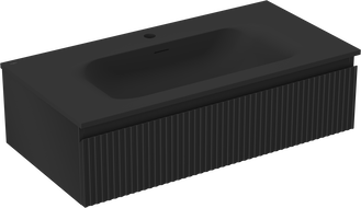 Mexen Rivel Badezimmerschrank 90 cm mit Waschbecken Vela, 1 Schublade, geriffelt, schwarz matt - 91A20-09023-1-BF71-W23M71