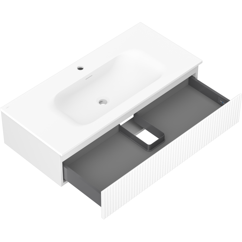 Mexen Rivel Badezimmerschrank 100 cm mit Waschbecken Vela, 1 Schublade, geriffelt, weiß matt - 91A20-10023-1-BF01-W23M01