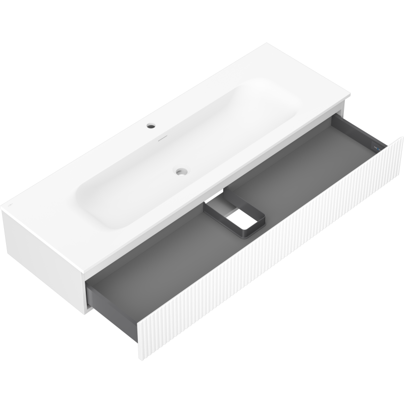 Mexen Rivel Badezimmerschrank 140 cm mit Waschbecken Vela, 1 Schublade, gerillt, weiß matt - 91A20-14023-1-BF01-W23M01