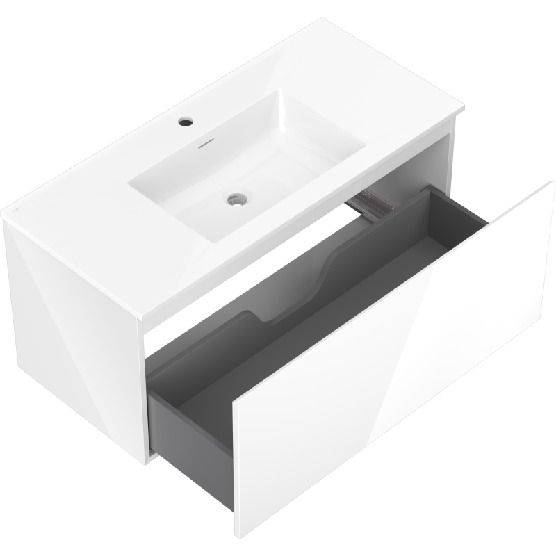 Mexen Orio Badezimmerschrank 100 cm mit Waschbecken Otis, 1 Schublade, weiß glänzend - 91A10-10047-1-BF00-W18M00