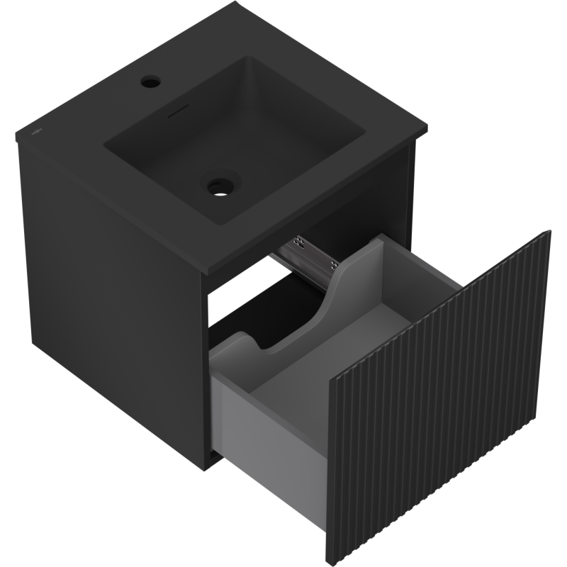 Mexen Rivel Badezimmerschrank 50 cm mit Waschbecken Otis, 1 Schublade, geriffelt, schwarz matt - 91A20-05047-1-BF71-W18M71