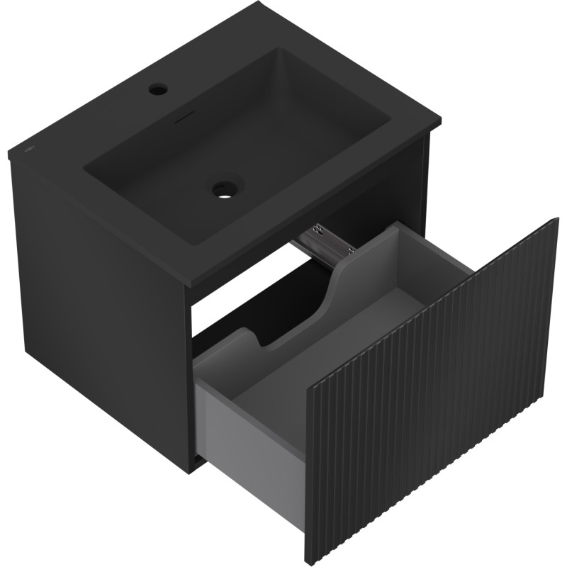 Mexen Rivel Badezimmerschrank 60 cm mit Waschbecken Otis, 1 Schublade, gerillt, schwarz matt - 91A20-06047-1-BF71-W18M71