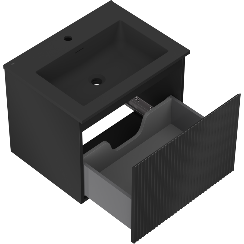Mexen Rivel Badezimmerunterschrank 60 cm mit Waschbecken Otis, 1 Schublade, geriffelt, schwarz matt - 91A20-06047-1-BF71-W18M71
