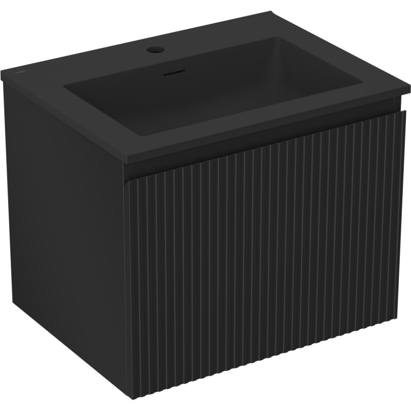 Mexen Rivel Badezimmerschrank 60 cm mit Waschbecken Otis, 1 Schublade, gerillt, schwarz matt - 91A20-06047-1-BF71-W18M71