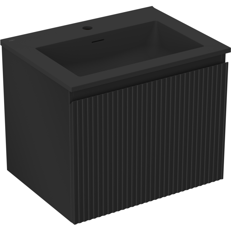 Mexen Rivel Badezimmerunterschrank 60 cm mit Waschbecken Otis, 1 Schublade, geriffelt, schwarz matt - 91A20-06047-1-BF71-W18M71