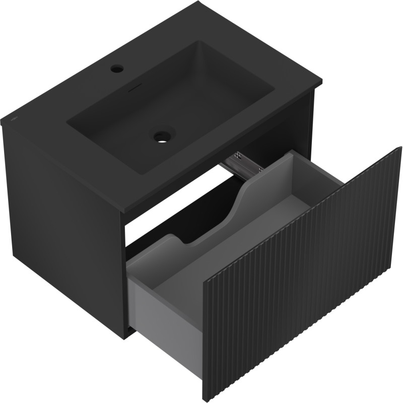 Mexen Rivel Badezimmerschrank 70 cm mit Waschbecken Otis, 1 Schublade, geriffelt, schwarz matt - 91A20-07047-1-BF71-W18M71