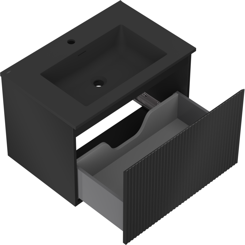 Mexen Rivel Badezimmerunterschrank 70 cm mit Waschbecken Otis, 1 Schublade, geriffelt, schwarz matt - 91A20-07047-1-BF71-W18M71