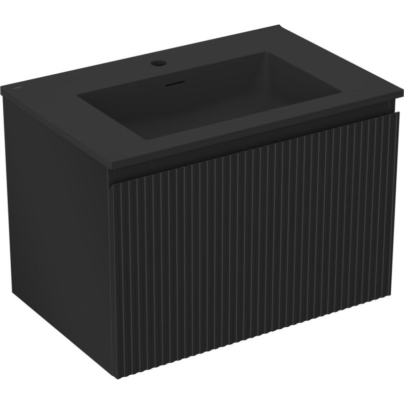 Mexen Rivel Badezimmerschrank 70 cm mit Waschbecken Otis, 1 Schublade, geriffelt, schwarz matt - 91A20-07047-1-BF71-W18M71