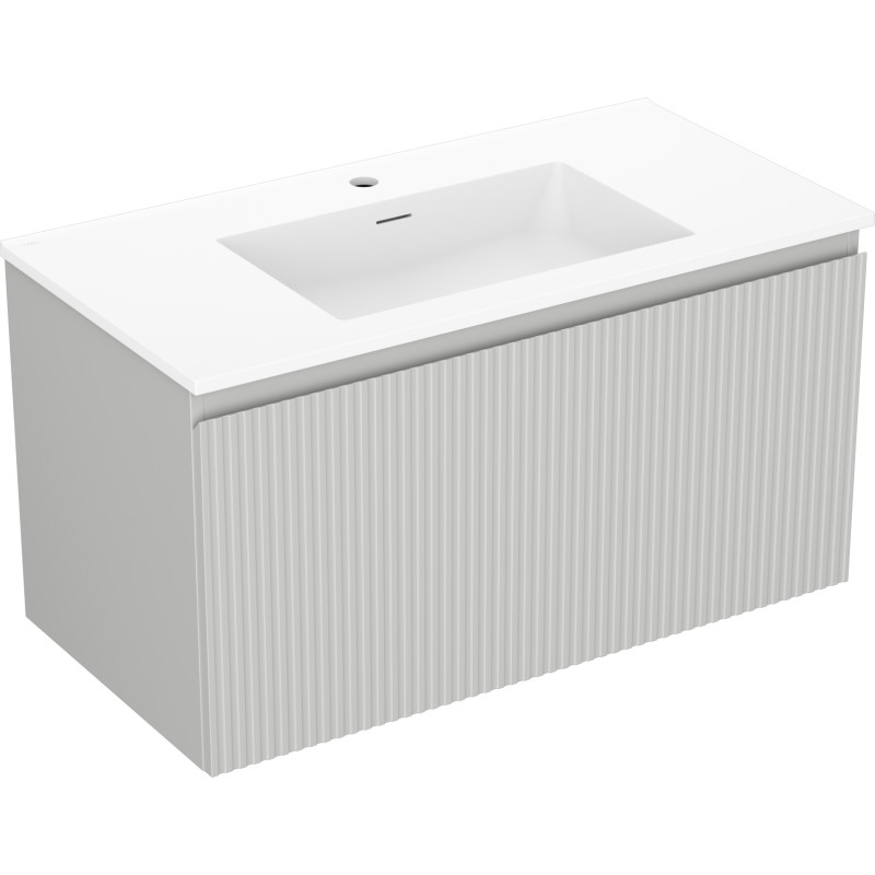 Mexen Rivel Badezimmerschrank 90 cm mit Waschbecken Otis, 1 Schublade, geriffelt, grau matt/weiß matt
