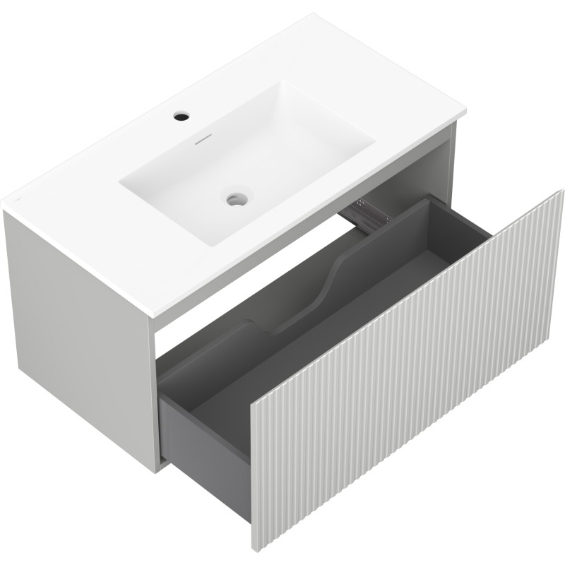 Mexen Rivel Badezimmerschrank 90 cm mit Waschbecken Otis, 1 Schublade, geriffelt, grau matt/weiß matt
