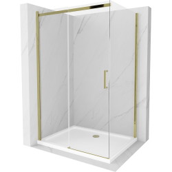 Mexen Omega ausziehbare Duschabtrennung 120 x 70 cm, Transparent, Gold + Duschwanne Flat - 825-120-070-50-00-4010