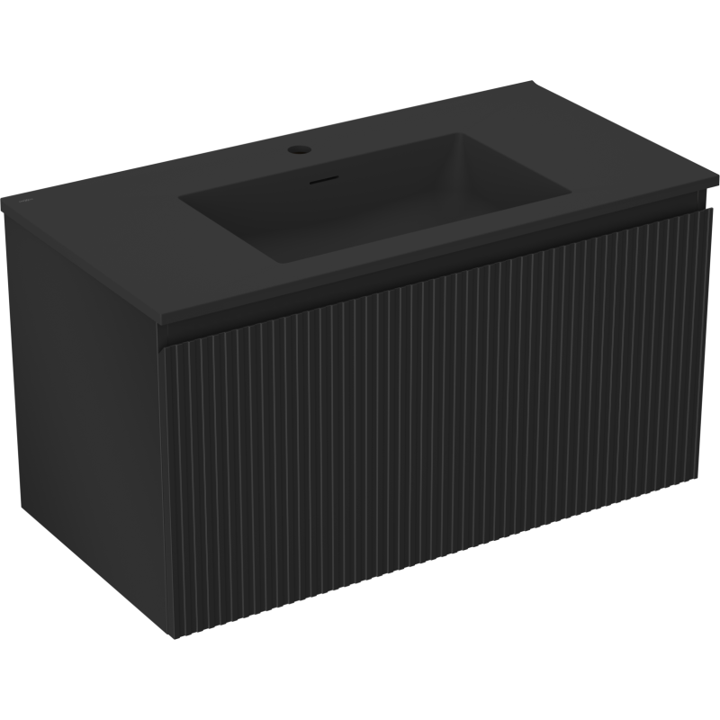 Mexen Rivel Badezimmerschrank 90 cm mit Waschbecken Otis, 1 Schublade, gerillt, schwarz matt - 91A20-09047-1-BF71-W18M71