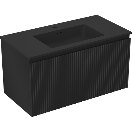 Mexen Rivel Badezimmerschrank 90 cm mit Waschbecken Otis, 1 Schublade, gerillt, schwarz matt - 91A20-09047-1-BF71-W18M71