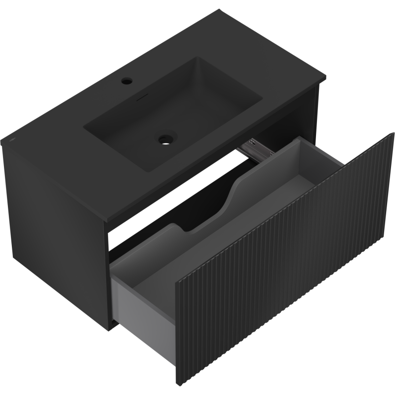 Mexen Rivel Badezimmerschrank 90 cm mit Waschbecken Otis, 1 Schublade, gerillt, schwarz matt - 91A20-09047-1-BF71-W18M71