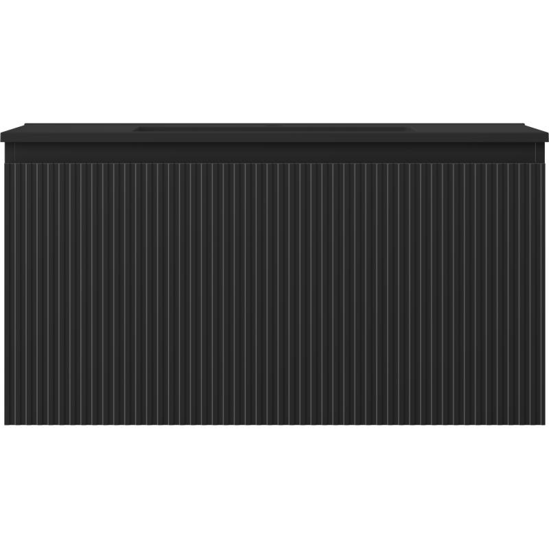 Mexen Rivel Badezimmerschrank 90 cm mit Waschbecken Otis, 1 Schublade, gerillt, schwarz matt - 91A20-09047-1-BF71-W18M71