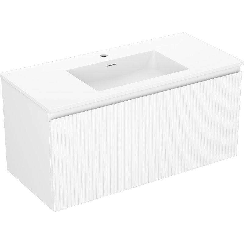 Mexen Rivel Badezimmerschrank 100 cm mit Waschbecken Otis, 1 Schublade, gerillt, weiß matt - 91A20-10047-1-BF01-W18M01