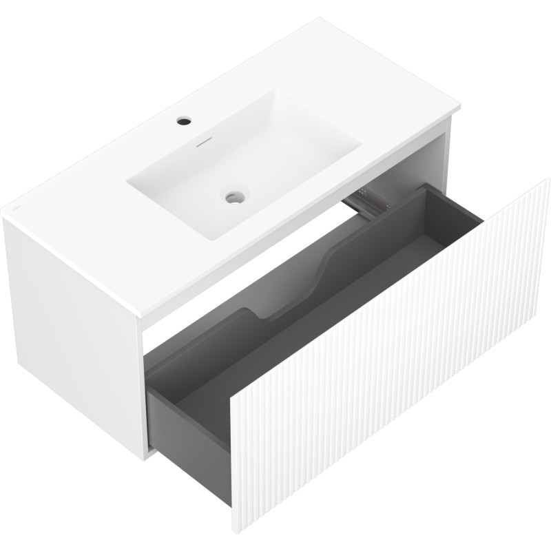 Mexen Rivel Badezimmerschrank 100 cm mit Waschbecken Otis, 1 Schublade, gerillt, weiß matt - 91A20-10047-1-BF01-W18M01