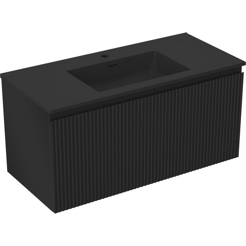 Mexen Rivel Badezimmerschrank 100 cm mit Waschbecken Otis, 1 Schublade, gerillt, schwarz matt - 91A20-10047-1-BF71-W18M71