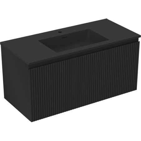 Mexen Rivel Badezimmerschrank 100 cm mit Waschbecken Otis, 1 Schublade, gerillt, schwarz matt - 91A20-10047-1-BF71-W18M71