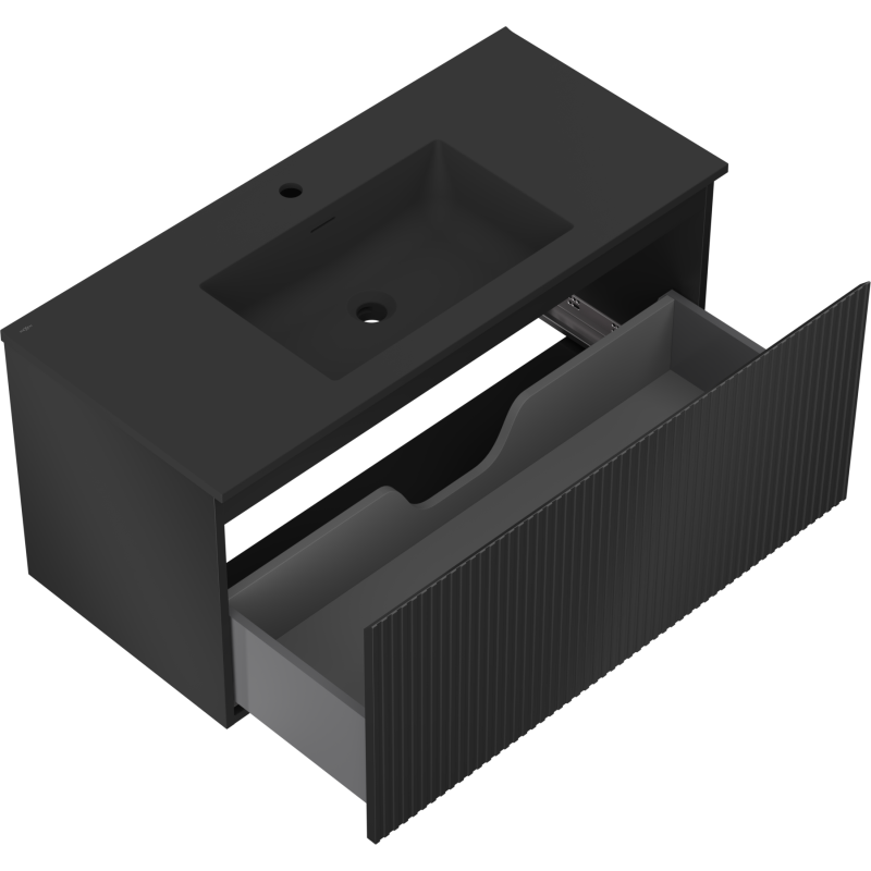 Mexen Rivel Badezimmerschrank 100 cm mit Waschbecken Otis, 1 Schublade, gerillt, schwarz matt - 91A20-10047-1-BF71-W18M71