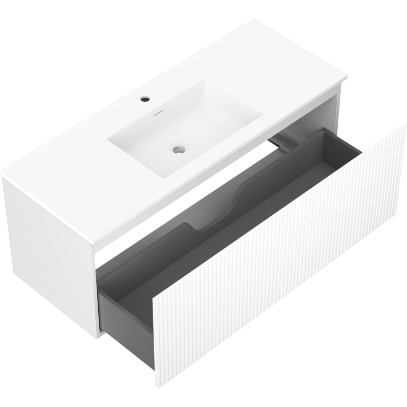 Mexen Rivel Badezimmerschrank 120 cm mit Waschbecken Otis, 1 Schublade, gerillt, weiß matt - 91A20-12047-1-BF01-W18M01