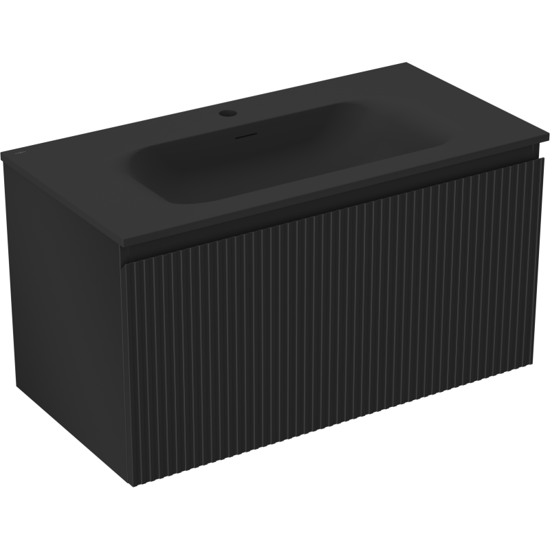 Mexen Rivel Badezimmerschrank 90 cm mit Waschbecken Vela, 1 Schublade, geriffelt, schwarz matt - 91A20-09047-1-BF71-W23M71