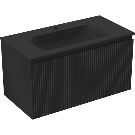 Mexen Rivel Badezimmerschrank 90 cm mit Waschbecken Vela, 1 Schublade, geriffelt, schwarz matt - 91A20-09047-1-BF71-W23M71