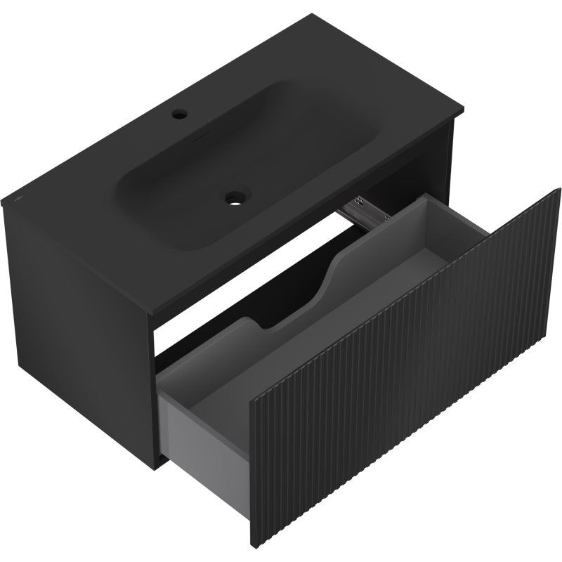 Mexen Rivel Badezimmerschrank 90 cm mit Waschbecken Vela, 1 Schublade, geriffelt, schwarz matt - 91A20-09047-1-BF71-W23M71