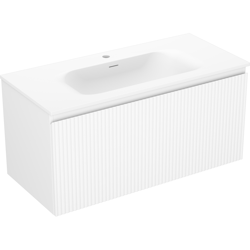 Mexen Rivel 100 cm Badezimmerschrank mit Vela-Waschbecken, 1 Schublade, geriffelt, weiß matt - 91A20-10047-1-BF01-W23M01