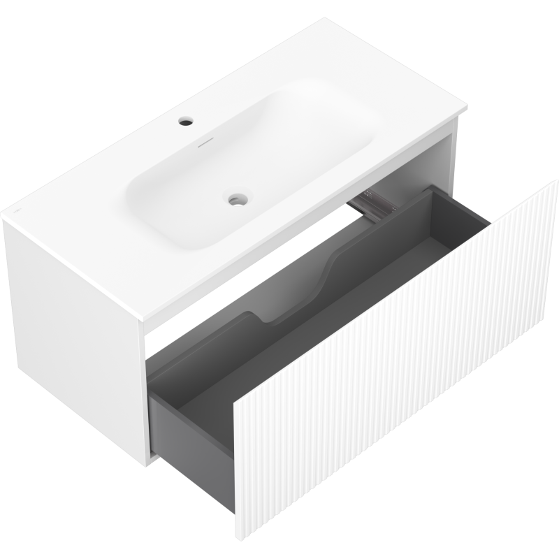 Mexen Rivel 100 cm Badezimmerschrank mit Vela-Waschbecken, 1 Schublade, geriffelt, weiß matt - 91A20-10047-1-BF01-W23M01