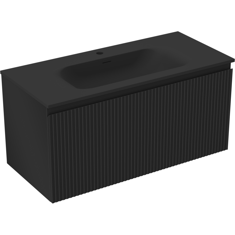 Mexen Rivel Badezimmerunterschrank 100 cm mit Waschbecken Vela, 1 Schublade, gerillt, schwarz matt - 91A20-10047-1-BF71-W23M71