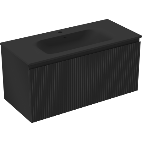 Mexen Rivel Badezimmerunterschrank 100 cm mit Waschbecken Vela, 1 Schublade, gerillt, schwarz matt - 91A20-10047-1-BF71-W23M71
