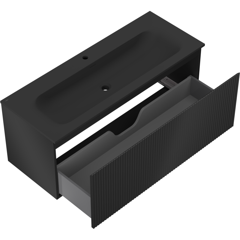 Mexen Rivel Badezimmerschrank 120 cm mit Waschbecken Vela, 1 Schublade, geriffelt, schwarz matt - 91A20-12047-1-BF71-W23M71